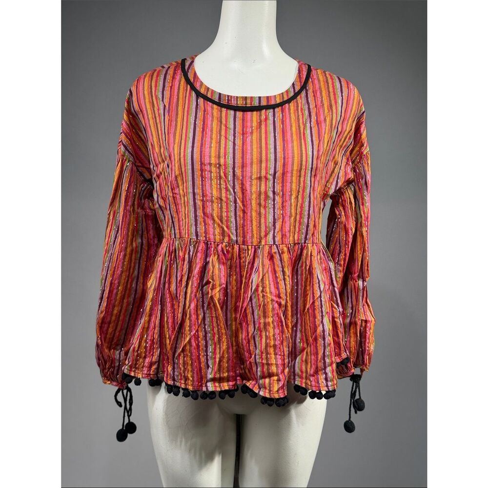 Amaryllis Striped Peplum Tunic in Pink, Orange & Yellow with Pom Trim (rack 15)